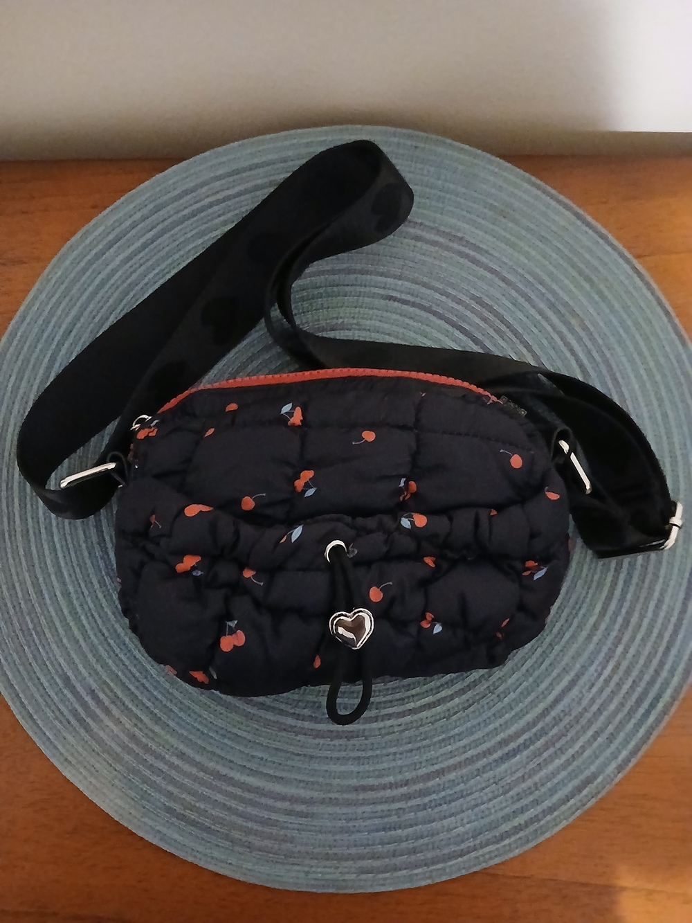Kids Quilted Black Cherry Print Crossbody Bag with Heart Charm